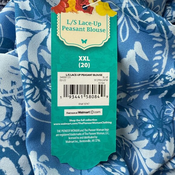 The Pioneer Woman XXL Paisley Lace Up Peasant Blouse Long Sleeve Blue White New - Picture 10 of 12